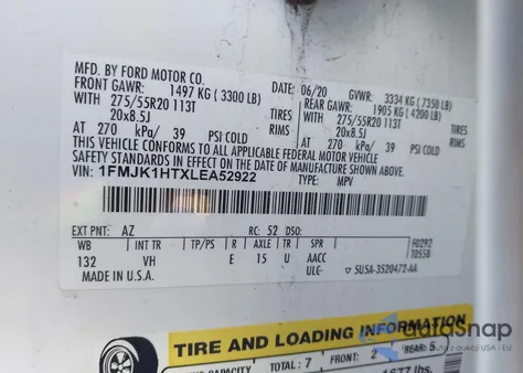 2020 Ford Expedition Xlt Max из США, поврежденный, VIN 1FMJK1HTXLEA52922